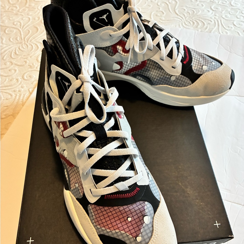 Jordan Delta 3 SP Black, White, and University Red Athletic Shoes